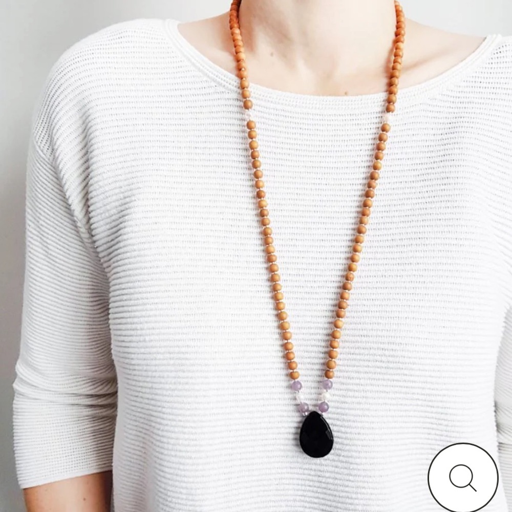 Elegant Mala Sandalwood Jade Beaded Necklace with White Pendant “strong mama” - Picture 1 of 5